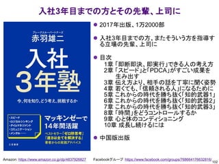 102
Amazon: https://www.amazon.co.jp/dp/4837926827 Facebookグループ：https://www.facebook.com/groups/768664176632816/
入社3年目までの方とその先輩、上司に
⚫ 2017年出版、1万2000部
⚫ 入社3年目までの方、またそういう方を指導す
る立場の先輩、上司に
⚫ 目次
1章 「即断即決、即実行」できる人の考え方
2章 「スピード」と「PDCA」がすごい成果を
生み出す
3章 伝え方より、相手の話を丁寧に聞く姿勢
4章 若くても、「信頼される人」になるために
5章 これからの時代を勝ち抜く「知的武器1」
6章 これからの時代を勝ち抜く「知的武器2」
7章 これからの時代を勝ち抜く「知的武器3」
8章 「時間」をどうコントロールするか
9章 心と体のコンディショニング
10章 成長し続けるには
⚫ 中国版出版
 