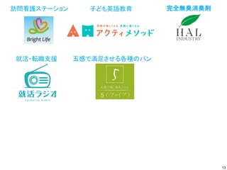 完全無臭消臭剤
訪問看護ステーション 子ども英語教育
就活・転職支援 五感で満足させる各種のパン
13
 