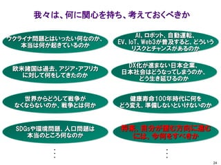 我々は、何に関心を持ち、考えておくべきか
24
将来、自分が望む方向に進む
には、今何をすべきか
健康寿命100年時代に何を
どう変え、準備しないといけないのか
DX化が進まない日本企業、
日本社会はどうなってしまうのか、
どう生き延びるのか
AI、ロボット、自動運転、
EV、IoT、Web3が普及すると、どういう
リスクとチャンスがあるのか
ウクライナ問題とはいったい何なのか、
本当は何が起きているのか
欧米諸国は過去、アジア・アフリカ
に対して何をしてきたのか
世界からどうして戦争が
なくならないのか、戦争とは何か
SDGsや環境問題、人口問題は
本当のところ何なのか
・
・
・
・
・
・
 