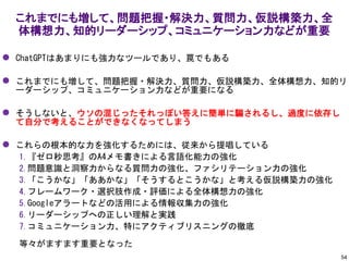 これまでにも増して、問題把握・解決力、質問力、仮説構築力、全
体構想力、知的リーダーシップ、コミュニケーション力などが重要
54
⚫ ChatGPTはあまりにも強力なツールであり、罠でもある
⚫ これまでにも増して、問題把握・解決力、質問力、仮説構築力、全体構想力、知的リ
ーダーシップ、コミュニケーション力などが重要になる
⚫ そうしないと、ウソの混じったそれっぽい答えに簡単に騙されるし、過度に依存し
て自分で考えることができなくなってしまう
⚫ これらの根本的な力を強化するためには、従来から提唱している
1.『ゼロ秒思考』のA4メモ書きによる言語化能力の強化
2.問題意識と洞察力からなる質問力の強化、ファシリテーション力の強化
3.「こうかな」「ああかな」「そうするとこうかな」と考える仮説構築力の強化
4.フレームワーク・選択肢作成・評価による全体構想力の強化
5.Googleアラートなどの活用による情報収集力の強化
6.リーダーシップへの正しい理解と実践
7.コミュニケーション力、特にアクティブリスニングの徹底
等々がますます重要となった
 