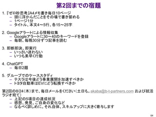 第2回までの宿題
64
1．『ゼロ秒思考』A4メモ書き毎日10ページ
– 頭に浮かんだことをその場で書き留める
– 1ページ1分
– タイトル、本文4～5行、各15～25字
2．Googleアラートによる情報収集
– Googleアラートに30～40のキーワードを登録
– 毎朝、毎晩30分ずつ記事を読む
3．即断即決、即実行
– いっさい迷わない
– いつも素早く行動
4．ChatGPT
– 毎日2題
5．グループでのケーススタディ
– テスラは今後どう事業展開を加速すべきか
– トヨタ自動車はEVにどう転換すべきか
第2回の8/24（木）まで、毎日メールをください（土日も。akaba@b-t-partners.com および就活
ラジオ宛て）
– 上記の5項目の達成状況
– 感想、発見、ご自身の変化など
– なるべく詳しめに。それ自体、スキルアップに大きく寄与します
 