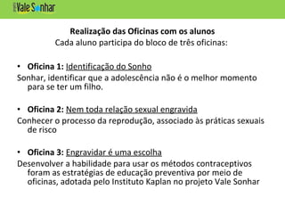 Realização das Oficinas com os alunos
Cada aluno participa do bloco de três oficinas:
• Oficina 1: Identificação do Sonho
Sonhar, identificar que a adolescência não é o melhor momento
para se ter um filho.
• Oficina 2: Nem toda relação sexual engravida
Conhecer o processo da reprodução, associado às práticas sexuais
de risco
• Oficina 3: Engravidar é uma escolha
Desenvolver a habilidade para usar os métodos contraceptivos
foram as estratégias de educação preventiva por meio de
oficinas, adotada pelo Instituto Kaplan no projeto Vale Sonhar
 