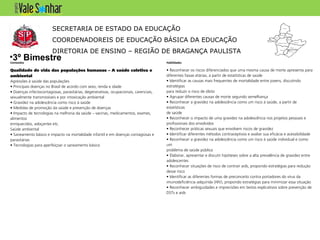 Conteúdos Habilidades
Qualidade de vida das populações humanas – A saúde coletiva e
ambiental
Agressões à saúde das populações
• Principais doenças no Brasil de acordo com sexo, renda e idade
• Doenças infectocontagiosas, parasitárias, degenerativas, ocupacionais, carenciais,
sexualmente transmissíveis e por intoxicação ambiental
• Gravidez na adolescência como risco à saúde
• Medidas de promoção da saúde e prevenção de doenças
• Impacto de tecnologias na melhoria da saúde – vacinas, medicamentos, exames,
alimentos
enriquecidos, adoçantes etc.
Saúde ambiental
• Saneamento básico e impacto na mortalidade infantil e em doenças contagiosas e
parasitárias
• Tecnologias para aperfeiçoar o saneamento básico
• Reconhecer os riscos diferenciados que uma mesma causa de morte apresenta para
diferentes faixas etárias, a partir de estatísticas de saúde
• Identificar as causas mais frequentes de mortalidade entre jovens, discutindo
estratégias
para reduzir o risco de óbito
• Agrupar diferentes causas de morte segundo semelhança
• Reconhecer a gravidez na adolescência como um risco à saúde, a partir de
estatísticas
de saúde
• Reconhecer o impacto de uma gravidez na adolescência nos projetos pessoais e
profissionais dos envolvidos
• Reconhecer práticas sexuais que envolvem riscos de gravidez
• Identificar diferentes métodos contraceptivos e avaliar sua eficácia e acessibilidade
• Reconhecer a gravidez na adolescência como um risco à saúde individual e como
um
problema de saúde pública
• Elaborar, apresentar e discutir hipóteses sobre a alta prevalência de gravidez entre
adolescentes
• Reconhecer situações de risco de contrair aids, propondo estratégias para redução
desse risco
• Identificar as diferentes formas de preconceito contra portadores do vírus da
imunodeficiência adquirida (HIV), propondo estratégias para minimizar essa situação
• Reconhecer ambiguidades e imprecisões em textos explicativos sobre prevenção de
DSTs e aids
SECRETARIA DE ESTADO DA EDUCAÇÃO
COORDENADOREIS DE EDUCAÇÃO BÁSICA DA EDUCAÇÃO
DIRETORIA DE ENSINO – REGIÃO DE BRAGANÇA PAULISTA
•3º Bimestre
 