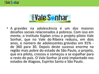 • A gravidez na adolescência é um dos maiores
desafios sociais relacionados à pobreza. Com isso em
mente, o Instituto Kaplan criou o projeto piloto Vale
Sonhar, que no Vale do Ribeira reduziu, em dois
anos, o número de adolescentes grávidas em 91% -
de 360 para 30. Depois deste sucesso enorme na
região mais pobre do estado de São Paulo, o projeto,
que era piloto, cresceu e começou a se espalhar para
o resto do país. O Vale Sonhar já está implantado nos
estados de Alagoas, Espírito Santo e São Paulo.
 