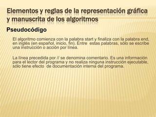 Elementos y reglas de la representación gráfica y manuscrita de los algoritmosPseudocódigoEjemplo 9:El pseudocódigo correspondiente al diagrama de flujo del ejemplo 2.3.3 es el siguiente: Start	/ cálculo de impuesto y salariosread HORAS, PRECIO_HORA, NOMBREif HORAS >= 40 then		SALARIO= HORAS * PRECIO_HORAelse		SALARIO=40*PRECIO_HORA + 1.5*PRECIO_HORA*(HORAS –40)endifWrite SALARIO endfin del ejemplo 9.