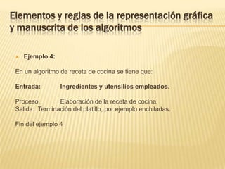 Elementos y reglas de la representación gráfica y manuscrita de los algoritmosEjemplo 4: En un algoritmo de receta de cocina se tiene que: Entrada: 	Ingredientes y utensilios empleados. Proceso: 	Elaboración de la receta de cocina.Salida: 	Terminación del platillo, por ejemplo enchiladas. Fin del ejemplo 4