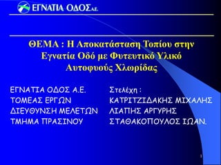 ΘΕΜΑ : Η Αποκαηάζηαζη Τοπίοσ ζηην
     Εγναηία Οδό με Φσηεσηικό Υλικό
          Ασηοθσούς Φλωρίδας

ΓΓΚΑΣΖΑ ΟΔΟ΢ Α.Γ.   ΢ηειέπε :
ΣΟΙΓΑ΢ ΓΡΓΩΚ        ΗΑΣΡΖΣΔΖΔΑΗΕ΢ ΙΖΥΑΘΕ΢
ΔΖΓΤΘΤΚ΢Ε ΙΓΘΓΣΩΚ   ΘΖΑΠΕ΢ ΑΡΓΤΡΕ΢
ΣΙΕΙΑ ΠΡΑ΢ΖΚΟΤ      ΢ΣΑΘΑΗΟΠΟΤΘΟ΢ ΖΩΑΚ.



                                       1
 