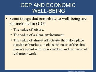 GDP AND ECONOMIC  WELL-BEING Some things that contribute to well-being are not included in GDP. The value of leisure. The value of a clean environment. The value of almost all activity that takes place outside of markets, such as the value of the time parents spend with their children and the value of volunteer work. 