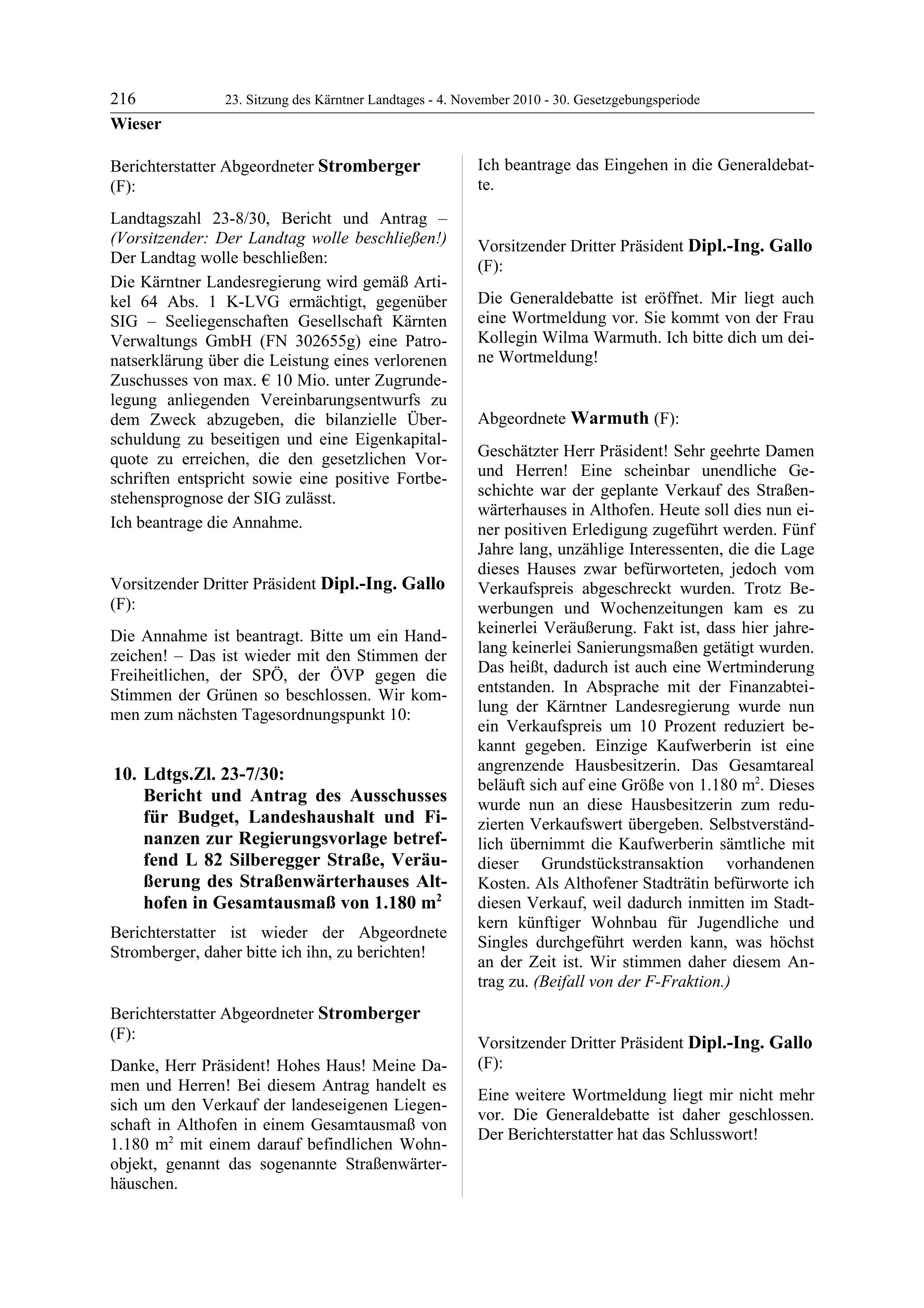 23. LTG-Sitzung am 4. November 2010