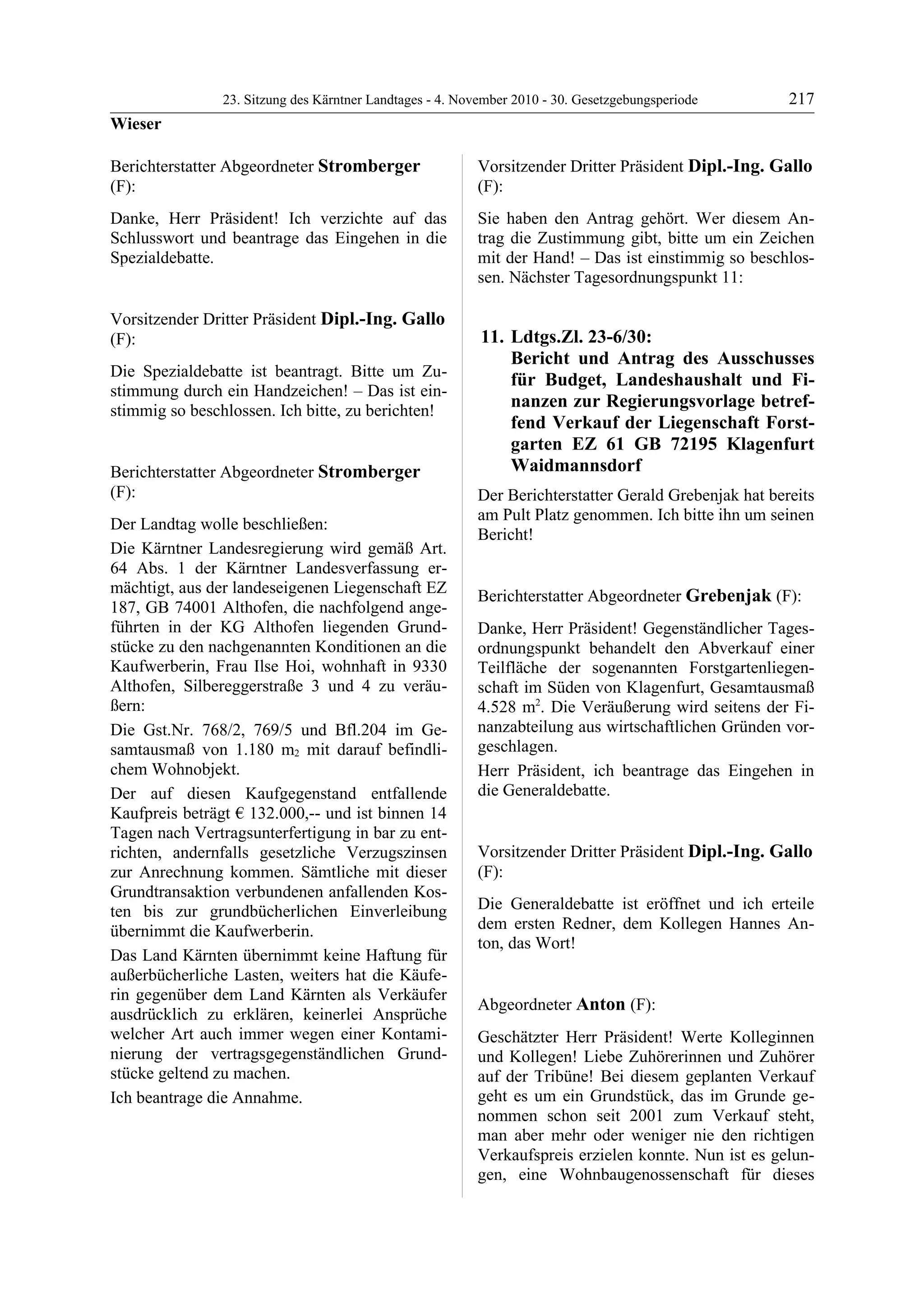 23. LTG-Sitzung am 4. November 2010
