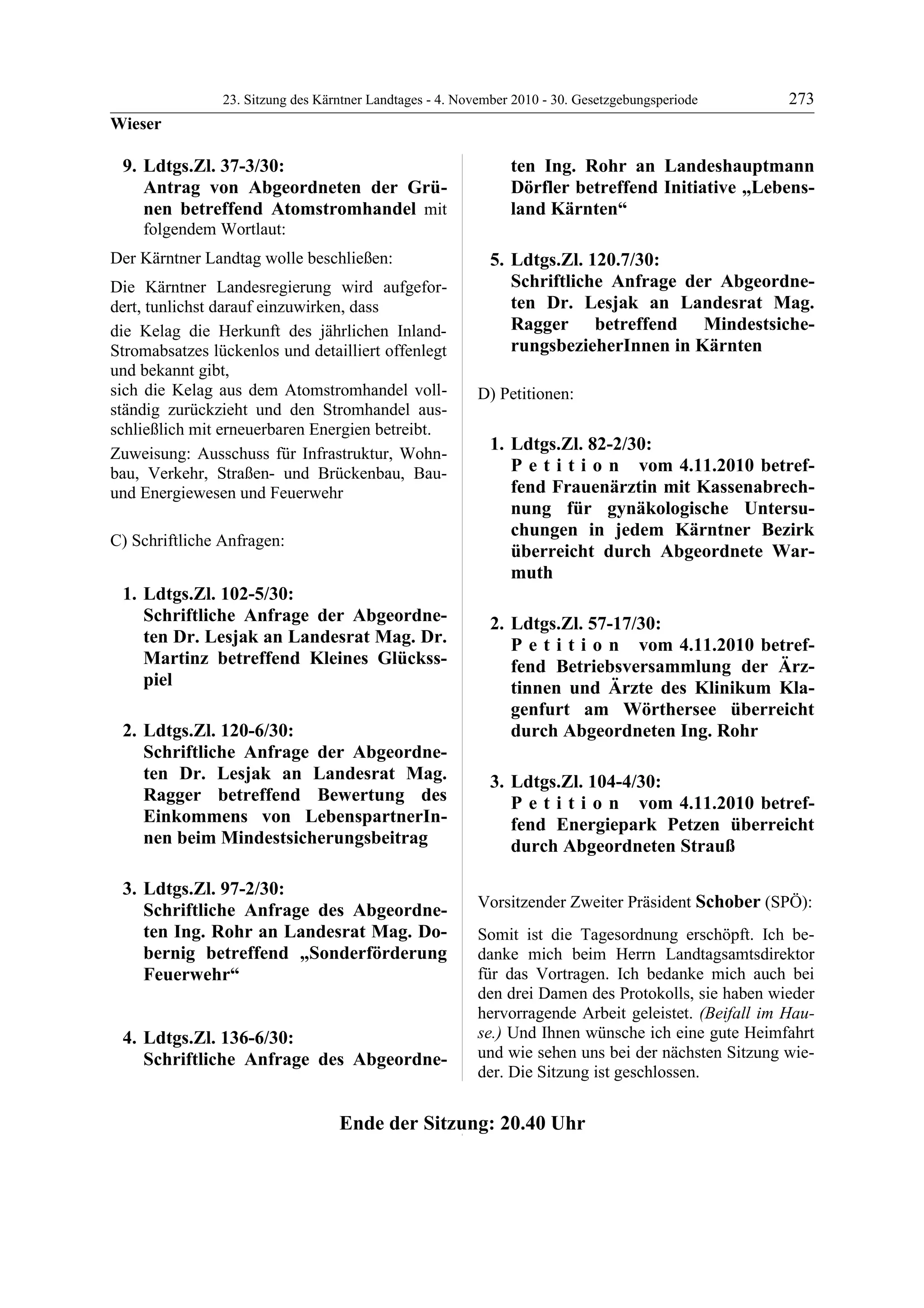 23. LTG-Sitzung am 4. November 2010