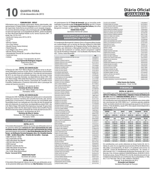 COMUNICADO - SEDUC
Informamos que as unidades particulares abaixo relacionadas, não
apresentaram o Projeto Político Pedagógico ano 2015, junto ao Setor
de Supervisão. Desta forma encaminham-se em situação irregular.
Os mesmos deverão entregar a documentação até o dia 30/12/2015,
noSetordeSupervisão ounoExpedientedaSEDUC,amboslocalizados
no Paço Municipal Raphael Vitiello na Av. Santos Dumont, 640 – 1º
andar, das 10 h às 16 h.
• Sonho de Criança (ano 2014 e 2015)
• Tia Elaine
• Tia Pri
• Renovo Celeste
• Era o Que Faltava
• Mundo Disney (Santo Antônio)
• Patati Patacolá
• Casa Mágica (ano 2014 e 2015)
• Mundo Disney (Perequê)
• Disneylândia (Vicente de Carvalho e Maré Mansa)
• Sonho de Cessy
• Unikids
Guarujá, 15 de dezembro de 2015
Eliana Aparecida Rodrigues Salgado
Supervisora de Ensino
Pront. 4704-0
EDITAL DE CONVOCAÇÃO
A Direção do CAEC Prof.ª Márcia Regina dos Santos serve-se do pre-
sente edital para convocar os pais, alunos, professores e funcionários
para Assembléia Geral a ser realizada aos cinco dias do mês de janeiro
de 2015, às oito horas em primeira chamada e às oito horas e trinta
minutos em segunda chamada, nas dependências deste CAEC. Sito
à Av. Mario Daige,1440 Jardim Boa Esperança, Guarujá/SP, para tratar
da seguinte ordem do dia: Parecer e aprovação do Conselho Fiscal,
Conselho Deliberativo e Diretoria Executivas obre a prestação de
contas do Exercício de 2015.
Guarujá, 21 de Janeiro de 2015.
Veronica da Silva G. Santos
Diretora do CAEC Márcia Regina dos Santos
Prontuário 10593
EDITAL DE CONVOCAÇÃO
ADireçãodoCAECProfªMárciaReginadosSantosserve-sedopresente
edital para convocar membros do Conselho de Escola, pais, alunos,
professores e funcionários e Demais pessoas da comunidade para
Assembléia Geral a ser realizada aos cinco dias do mês De janeiro de
dois mil e dezesseis, às onze horas, nas dependências deste CAEC. sito
à Av. Mário Daige,1440 Jardim Boa Esperança, Guarujá/ SP, para tratar
da seguinte ordem do Dia: Aprovação e Parecer do Conselho Fiscal e
Diretoria Executiva sobre a Prestação de Contas do Exercício de 2015.
Guarujá,21 de dezembro de 2015.
Veronica da Silva G. Santos
Diretora do CAEC Márcia Regina dos Santos
Prontuário 10593
CULTURA
EDITAL 23/15
O Secretário Municipal de Cultura, no uso de suas atribuições serve-se
do presente edital para convocar 01 (um) representante de cada
entidade abaixo relacionadas e 01(um) representante da Linesg
para participarem da reunião no dia 29 de dezembro de 2015 às 10
horas, no Anfiteatro Ferreira Sampaio, sito a Av. Osvaldo Aranha
n° 800 – Jardim Maravilha – Vicente de Carvalho – Guarujá.
• GRES Renascer / Borel
• ISCS Imperador da Ilha
• GRES Mocidade São Miguel
• URCSAS Vêm Que É Dez
• GRES Guarujá
• GRCSES Caminho da Paz
• GRES Mocidade Amazonense
• GRES Unidos da São Jorge
• Ass. SCAB. Afoxé Motumbaxé
Pauta: Carnaval 2016.
ODAIR DIAS FILHO
Secretário de Cultura
EDITAL 024/15
O Secretário Municipal de Cultura, no uso de suas atribuições serve-
-se do presente edital para informar aos Ilês/Terreiros interessados
em participarem da 11° Festa de Iemanjá, que as inscrições serão
realizadas no período de 4 a 14 de janeiro de 2016, das 9 às12 horas
e das 14 às 17 horas , na Secretaria Municipal de Cultura, sito à Rua
Benjamim Constant, nº 413 - Centro – Guarujá.
ODAIR DIAS FILHO
Secretário Interino de Cultura
DESENVOLVIMENTO E
ASSISTÊNCIA SOCIAL
ACoordenaçãoMunicipaldoCadastroÚnicoeProgramaBolsaFamilia,
em conformidade com os termos de Decreto Federal N.5.209/2004,
comunica aos beneficiarios do Programa Bolsa Familia abaixo rela-
cionados, que obtiveram a liberaçãodo beneficio em Dezembro e
que ainda não receberam os Cartões, devem comparecer urgênte
na Casa de Assistência Integrada - CAI, localizada à Rua Buenos Aires,
455 - Centro, neste Municipio.	
NOME NIS
ADRIANA APARECIDA ROZARIO DELFINO DA SILVA 12499408555
ADRIANA FELIX 12583081812
ADRIANA FLORENCIO BATISTA 12432633336
ADRIANA FRANCISCA DOS SANTOS 20152125919
ADRIANA MARIA DA SILVA 12541227614
ADRIANA SODRE DO NASCIMENTO 12767390850
AGRINALDA IHOMEM ALVES 20632104990
ALAIDE DA SILVA SANTOS 16162750079
ALAIDE DA SILVA SANTOS 16162750079
ALESSANDRA MARTINIANO 20388975991
ALEXANDRA SANTOS RIESCO 12543807561
ALEXIANA EUFRASIO MARTINS 21201954462
ALINE FRANCISCA DO NASCIMENTO 16114238088
ALZIRA BATISTA DA SILVA 12151573097
AMANDA ALVES DE ANDRADE 21200246405
AMANDA DE SOUZA BARBOSA 20338890432
ANA CLAUDIA CORECHA 20171026815
ANA CLAUDIA DE MORAES SILVA 16004112470
ANA CRISTINA SILVA DE JESUS 16066526821
ANA LUCIA DOS SANTOS 16165885560
ANA MARIA SANTANA FRANCISCO 20112701161
ANA PAULA FREITAS FERREIRA 16143688681
ANA PAULA GOMES DA COSTA 23722052153
ANA PAULA SILVA DE OLIVEIRA 12880734810
ANA ROCHA DA SILVA 20077683611
ANAIR PEREIRA DA SILVA CHAVES 16125111637
ANDREIA DA SILVA MELO 20781681930
ANDREIA DA SILVA MELO 20781681930
ANDRESSA OLIVEIRA DOS SANTOS 21237659568
ANTONIO MANOEL DA SILVA 12237787370
ARIADNE CRISTINA IZIDORO FERREIRA 23722683250
AUGUSTO GOMES PEREIRA 10616417052
CARLA CRISTINA DE OLIVEIRA 13698796812
CLAUDIA ALEXANDRE DA SILVA 16479958889
CLAUDIA DE SANTANA SILVA 20985373932
CLEMILDA HENRIQUE TELES DA SILVA 16468040176
CRISTIANE DO NASCIMENTO 16377385626
CRISTIANE SANTANA DA SILVA 20649766045
DAIELLE SANTOS QUEBRANGULA 16148836832
DIANE RIOS DA SILVA 21253535711
EDNA OLIVEIRA 12516131277
EDVALDO MANOEL DE SANTANA 12178399306
ELIANA DE MELO RODIGUES 20083974258
ELISABETE LIMA FERREIRA 21208626738
ELISANGELA CASSIANO DOS SANTOS 16167591629
EUNICE MONTEIRO SILVA 20098776856
FABIOLA DA SILVA GOMES 16292543553
FLAVIA MARRQUES DA SILVA 16309070879
FRANCISCA IRACEMA MARTINS GOMES 16192805866
HELENA CERINO FARIA 10748603317
HELENA SEABRA SODRE 20447139333
HELENI DO PRADO 20657931963
IVONEIDE DO NASCIMENTO 16303629653
JAINE CRISTINA DA CONCEICAO LIMA 20489407506
JANDIRA GOMES DOS SANTOS 12487696135
JERLANIA BARBOSA DA SILVA 16223943998
JESSICA KATIANE DE OLIVEIRA DA SILVA 20712463156
JILDEANE JESUS DOS SANTOS 23722774493
JOENES SANTOS DE JESUS 20339593754
JOYCE FELIX PACHECO 20638040161
JUCIELDA MARIA PEREIRA DA SILVA 20387413434
JULIA CALIXTO DE SOUZA 13278614819
JULIETE DA COSTA FERNANDES 16272159413
KARIM REGINA GARCIA OLIVEIRA 16304748516
LAURIZATE MARIA CABRAL 20107781764
LEILIANI ALVES MOREIRA 21002488070
LOURDES MARIA DE OLIVEIRA 20107558555
LUANA ANDRADE VIEIRA DOS SANTOS 16359758513
LUCIANE DE SALLES QUEIROZ 16359777917
MARIA APARECIDA RAMIREZ DE SOUZA 12648204859
MARIA DAS GRACAS SOUZA MARQUES 16485749889
MARIA DE LOURDES JESUS DAS NEVES 16375465509
MARIA DIOGENAS FERREIRA MARINHO 20657371666
MARIA DO CARMO DOS SANTOS 16429156460
MARIA EDILMA LOPES ALVES 13369033770
MARIA ESTELA SOUZA BLAC 16476006488
MARIA JOSE MONTEIRO DOS SANTOS 16489621003
MARIA LUCIA RODRIGUES DA SILVA 23723510929
MARIA ROSA DA SILVA 16386297114
MARILENE DOS SANTOS 16359261686
MARISOL XAVIER 23722771516
MICHELE DA SILVA 20316159454
NORMA QUEVEDO ARICOMA 23670533938
ODERITA ROSA SANTOS 12325734678
PATRICIA DA SILVA BRAZ 20677615684
PATRICIA DE MELO ANDRADE 20712462850
PATRICIA DOS SANTOS GONCALVES 16555793970
RAIMUNDA DA CONCEICAO 23723546303
RAQUEL GOMES 23604726146
SANDRA MASCARENHAS DE ALENCAR 16628185304
SANDRA REGINA FACUNDES 16561943369
SELMA SOARES DE OLIVEIRA 13004592095
SUELENE DE JESUS LOPES 16643716846
TATIANA FAGUNDES DE LIMA 12890820566
VALDIREIS ALVES DOS SANTOS 16674737306
VALDIRENE GABRIEL DA SILVA 23723300428
VANESSA CRISTINA DOS SANTOS 16621531592
VERA LUCIA DA SILVA 16665654428
VIVIANE LUIZ MOURA DE SOUZA 20489359498
YOLANDA WANDERLEY SILVA DO NASCIMENTO 20489410760
	
Nilza Soares dos Santos
Coordenadora - Pront: 10.760
FINANÇAS
EDITAL N.º 80/2015
Faço público que estão sendo expedidos os avisos para pagamento do
IMPOSTOPREDIALETERRITORIALURBANOETAXASDEREMOÇÃO
DE LIXO referente à EMISSÃO NORMAL 2016 em 12 (doze) parcelas,
cujos vencimentos serão conforme tabela abaixo.
Os contribuintes que eventualmente não receberem seus avisos antes
dos vencimentos da COTA ÚNICA ou 1.ª primeira parcela, poderão
emitir seu boleto através do site www.guaruja.sp.gov.br, em Serviços
Online, 2ª Via de Boletos, opção IPTU. Esta opção estará disponível a
partir de 04.01.2016.
VENCIMENTOS PARA PAGAMENTO DA COTA ÚNICA
CENTRO SUL OESTE LESTE ZN NORTE ZN SUL
0 1 2 3 5 6
14/01/16 22/01/16 27/01/16 22/01/16 29/01/16 29/01/16
VENCIMENTOS PARA PAGAMENTO EM 12 (DOZE) PARCELAS
CENTRO SUL OESTE LESTE ZN NORTE ZN SUL
0 1 2 3 5 6
14/01/16 22/01/16 27/01/16 22/01/16 29/01/16 29/01/16
11/02/16 11/02/16 19/02/16 11/02/16 22/02/16 22/02/16
11/03/16 11/03/16 18/03/16 11/03/16 22/03/16 22/03/16
11/04/16 11/04/16 19/04/16 11/04/16 20/04/16 20/04/16
11/05/16 11/05/16 19/05/16 11/05/16 20/05/16 20/05/16
13/06/16 13/06/16 17/06/16 13/06/16 22/06/16 22/06/16
11/07/16 11/07/16 19/07/16 11/07/16 22/07/16 22/07/16
11/08/16 11/08/16 19/08/16 11/08/16 22/08/16 22/08/16
12/09/16 12/09/16 19/09/16 12/09/16 22/09/16 22/09/16
11/10/16 11/10/16 19/10/16 11/10/16 21/10/16 21/10/16
11/11/16 11/11/16 18/11/16 11/11/16 22/11/16 22/11/16
12/12/16 12/12/16 19/12/16 12/12/16 22/12/16 22/12/16
Os contribuintes com carnês referentes às Zonas Centro (0), Sul (1),
Oeste (2), Leste (3) e os seguintes locais da Zona ZN Sul (6) (Morrinhos,
Vila Zilda, Conceiçãozinha, Jd. Brasil I e II) poderão procurá-los na
CEACON - Centro de Atendimento ao Contribuinte - Av. Leomil, n.º
630, Guichês 10 e 11, Coordenação de ReceitasTerritoriais, de 2.ª a 6.ª
feira das 10 às 16 horas, telefone 33444500 Ramais: 4530/4531/4533.
As demais zonas, Zonas ZN Norte (5) e Sul (6), deverão procurá-los na
Unidade de Atendimento ao Contribuinte, Rua Cunhambebe, n.º 500,
de 2.ª a 6.ª feira das 10hs às 16hs, telefone 33425872.
Guarujá, 16 de dezembro de 2015.
Armando Luis Palmieri
Secretário Municipal de Finanças
QUARTA-FEIRA
23 de dezembro de 2015
10 GUARUJÁ
Diário Oficial
 