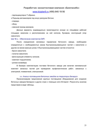 Разработчик: консалтинговая компания «БизпланиКо»
                          www.bizplan5.ru (495) 645 18 95
- перпендикулярно Т-образно.
х.Подъезд автомиксеров под конус разгрузки бетона:
- спереди;
- сбоку;
- сквозной проезд миксеров.
       Данные варианты индивидуально проектируются исходя из специфики рабочей
площадки заказчика и расположением на ней силосов, бункеров, конструкций опор
смесителя.
Шаг № х. - Обеспечение комплектом ЗИП.
       После   определения     желаемых   параметров   бетонного   завода,   необходимо
определиться с необходимостью заказа быстроизнашивающихся частей к смесителю и
другим не менее важным узлам. К быстроизнашивающимся частям относятся:
- броня смесителя;
- лопатки смесителя;
- фильтрующие элементы силосов;
- комплект подшипников;
- ролики конвейера.
       В базовую комплектацию поставки бетонного завода уже включен минимальный
комплект запасных частей для проведения профилактических работ, связанных с
электрикой, пневматикой, электроникой.

          х.х. Анализ поставщиков бетонных заводов на территории Беларуси
       Проанализируем предложения крупных поставщиков оборудования для создания
бетонных заводов Беларуси и других стран с помощью сети Интернет. Результаты анализа
представим в виде таблицы.




                                                                                     25
 