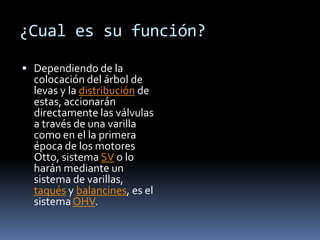 ¿Cual es su función?

 Dependiendo de la
  colocación del árbol de
  levas y la distribución de
  estas, accionarán
  directamente las válvulas
  a través de una varilla
  como en el la primera
  época de los motores
  Otto, sistema SV o lo
  harán mediante un
  sistema de varillas,
  taqués y balancines, es el
  sistema OHV.
 