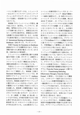 −マンスに関するデータは、シミュレータ                       レーション医療学習のフェーズがｌ）パー
ーおよびインストラクターとのインターア                       シャルスキルトレーニング（採血や静脈ル
クションをデジタルデータとしてリアルタ                       ート確保の練習など）、２）知的スキルのト
イムで記録し一括処理するシステムが用い                       レーニング（アルゴリズムの訓練、例えば
られている。                                    ＡＣＬＳやＩC L S ）、３）パフォーマンストレ
  W I S E Ｒでのシミュレーション学習は、繰                ーニング（ヒューマンスキルを加えた現場
り返し行なう（医学生、ベッドサイド、研                       で行なうタスクの訓練）の３）に移行して
修医、専門医のどのレイヤーでもトレーニ                       いることを示している（表ｌ）◎わが国の
ングを繰り返し行なう）、屋根瓦方式で行                       多くのシミュレーション医療学習施設が主
なう（上学年は低学年を、研修医は上学年                       にｌ）と２) を行なっていることに比べれば、
を指導する方法を学習する）など、わが国                       欧米のシミュレーション医療学習のレベル
でも採用が望ましい方式で行なわれている。                      は一段高いことが推測できる。デブリーフ
4）
 IntemationalMeetingonSimulationin        イ グ Goffinanの レ ム 論 1974年
                                           ン は         フ ー 理 (     ）
Healthcare（ 012年 月 サ デ エ ）
           2    １ 、 ン イ ゴ                 に基づいたフレームの再構成メソッドであ
  米の
   国SocietyfbrSimulationinHealthcare      り、学習理論として標準化し広く普及する
( S S H ) がホストする国際学会であり、今年も               ことができると考えられる（表２）。
多数の国々から参加が集まっていた（３７カ                          シミュレーション医療学習におけるデブ
国、3 1 0 0 名以上の参加者）。                       リーフィングの重要‘性は広く認知され、そ
  シミュレーション医療学習に関する原著                      の方法論についても一定のコンセンサスが
論文の発表（口演、ポスター）と教育セッ                       得られつつある。しかしシミュレーション
ション（セミナー、ミニセミナー、デモン                       医療学習の初心者（指導者として）にとっ
ストレーションなど）で構成される学会で、                      て、デブリーフィングをフレキシブルに行
多様な参加者のニーズに対応している。                        なうことは容易ではない。今回はシミュレ
 今回はシミュレーション医療学習のコア                       ーション医療学習の指導者を育成するプロ
であるデブリーフィングの方法論とその普                       グ ム Train-the-Trainerprogram） 関 る
                                           ラ（                          にす
及について調査した。W I S E Ｒ主催の                    セナ（
                                           ミ ー TransfbrmingDebriefing
StructuredDebriefingの ッ ョ で 、
                     セシンは参               EffectivenessThroughaTrain-the-Trainer
加者のプロフィールについてA u d i e n C e             F o r m a t ）に参加し、その方法について調査
ResponseSystemを い サ ベ が ず
                 用 た ー イ ま 行              した。このセミナーで紹介されてたのはシ
なわれた。W I S E R は毎年デブリーフィング                ミュレーション医療学習実施中にトレーナ
に関するセッションを行なっており、以下                       ー養成者がトレーナーに行なう短いデブリ
の質問について４年前と今回のレスポンス                       ーフィングの方法であり、そのためのフォ
を比較した。参加者への質問内容は「あな                       ーマットが示されていた。これらのフォー
たは自分のデブリーフイング能力について                       マットは欧米のシミュレーションセンター
どのレベルだと思いますか？ｌ）エキスパ                       で広く活用されており、本邦においても有
ート、２）上級者、３）普通、４）初心者」と                    用であると思われた（表３）。
いうものである。４年前の回答では４）の初                          デブリーフイングという方法論はシミュ
心者が７５％を占めていたのに対し、今年の                      レーションだけでなく、卒前教育の講義・
参加者ではｌ）エキスパートと答えたもの                      実習や卒後臨床研修の現場でも応用できる
が７５％を占めていた。これは欧米のシミュ                      ため、デブリーフィングのサイエンス・モ



                                       1 ５−
 