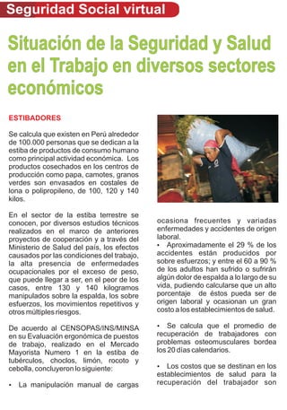 Seguridad Social virtual

Situación de la Seguridad y Salud
en el Trabajo en diversos sectores
económicos
ESTIBADORES

Se calcula que existen en Perú alrededor
de 100.000 personas que se dedican a la
estiba de productos de consumo humano
como principal actividad económica. Los
productos cosechados en los centros de
producción como papa, camotes, granos
verdes son envasados en costales de
lona o polipropileno, de 100, 120 y 140
kilos.

En el sector de la estiba terrestre se
conocen, por diversos estudios técnicos     ocasiona frecuentes y variadas
realizados en el marco de anteriores        enfermedades y accidentes de origen
proyectos de cooperación y a través del     laboral.
Ministerio de Salud del país, los efectos   ?  Aproximadamente el 29 % de los
causados por las condiciones del trabajo,   accidentes están producidos por
la alta presencia de enfermedades           sobre esfuerzos; y entre el 60 a 90 %
ocupacionales por el exceso de peso,        de los adultos han sufrido o sufrirán
que puede llegar a ser, en el peor de los   algún dolor de espalda a lo largo de su
casos, entre 130 y 140 kilogramos           vida, pudiendo calcularse que un alto
manipulados sobre la espalda, los sobre     porcentaje de éstos pueda ser de
esfuerzos, los movimientos repetitivos y    origen laboral y ocasionan un gran
otros múltiples riesgos.                    costo a los establecimientos de salud.

De acuerdo al CENSOPAS/INS/MINSA            ?   Se calcula que el promedio de
en su Evaluación ergonómica de puestos      recuperación de trabajadores con
de trabajo, realizado en el Mercado         problemas osteomusculares bordea
Mayorista Numero 1 en la estiba de          los 20 días calendarios.
tubérculos, choclos, limón, rocoto y
cebolla, concluyeron lo siguiente:          ?  Los costos que se destinan en los
                                            establecimientos de salud para la
La manipulación manual de cargas
?                                           recuperación del trabajador son
 