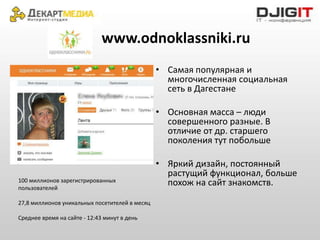 www.odnoklassniki.ru
                                                • Самая популярная и
                                                  многочисленная социальная
                                                  сеть в Дагестане

                                                • Основная масса – люди
                                                  совершенного разные. В
                                                  отличие от др. старшего
                                                  поколения тут побольше

                                                • Яркий дизайн, постоянный
                                                  растущий функционал, больше
100 миллионов зарегистрированных                  похож на сайт знакомств.
пользователей

27,8 миллионов уникальных посетителей в месяц

Среднее время на сайте - 12:43 минут в день
 