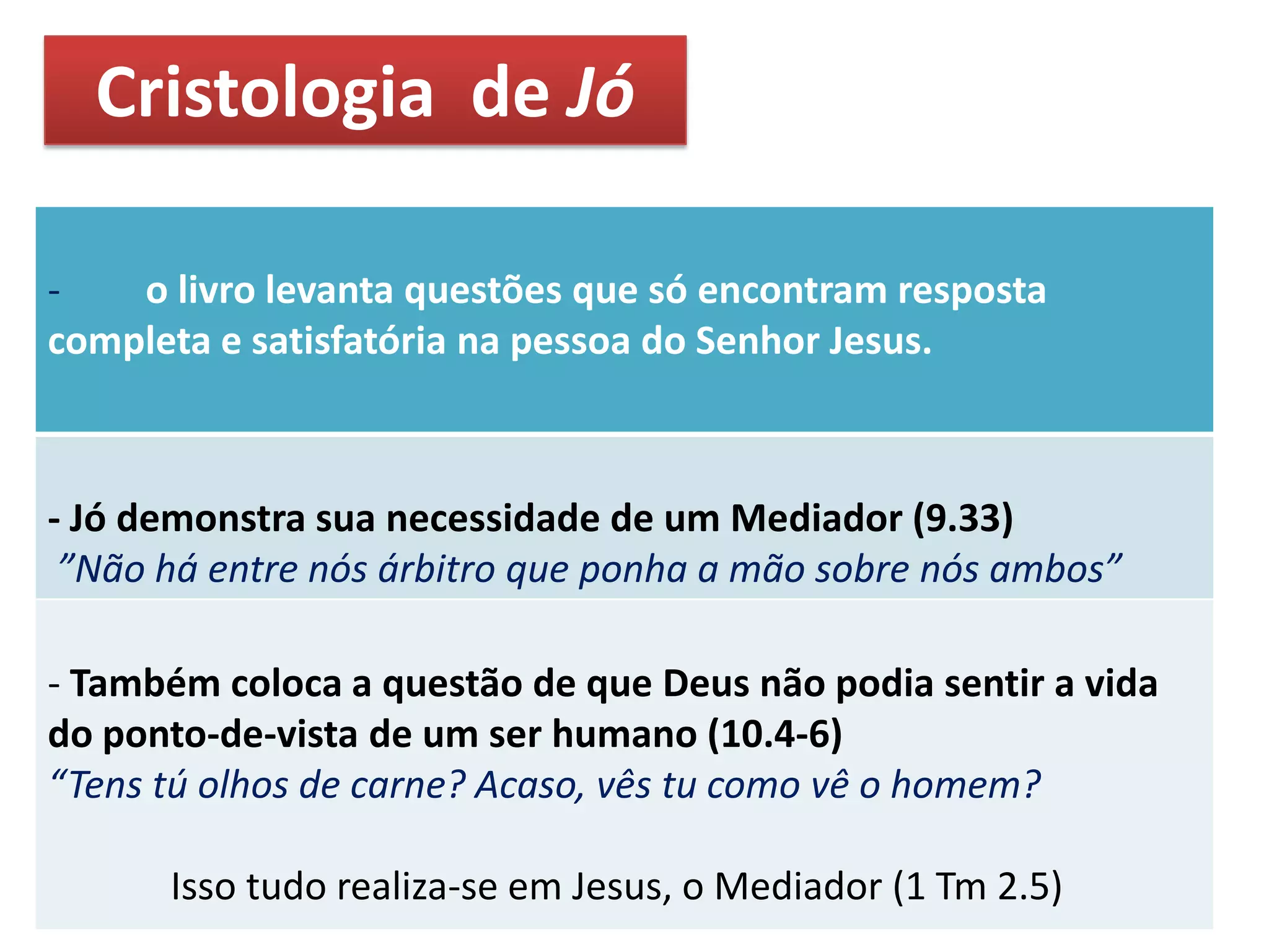 Cristologia de Jó
- o livro levanta questões que só encontram resposta
completa e satisfatória na pessoa do Senhor Jesus.
- Jó demonstra sua necessidade de um Mediador (9.33)
”Não há entre nós árbitro que ponha a mão sobre nós ambos”
- Também coloca a questão de que Deus não podia sentir a vida
do ponto-de-vista de um ser humano (10.4-6)
“Tens tú olhos de carne? Acaso, vês tu como vê o homem?
Isso tudo realiza-se em Jesus, o Mediador (1 Tm 2.5)
 