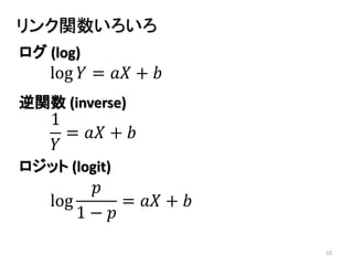 10
リンク関数いろいろ
1
𝑌
= 𝑎𝑋 + 𝑏
log 𝑌 = 𝑎𝑋 + 𝑏
log
𝑝
1 − 𝑝
= 𝑎𝑋 + 𝑏
ログ (log)
逆関数 (inverse)
ロジット (logit)
 