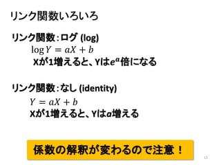 12
リンク関数いろいろ
log 𝑌 = 𝑎𝑋 + 𝑏
リンク関数：ログ (log)
係数の解釈が変わるので注意！
Xが1増えると、Yは𝒆 𝒂
倍になる
𝑌 = 𝑎𝑋 + 𝑏
Xが1増えると、Yはa増える
リンク関数：なし (identity)
 