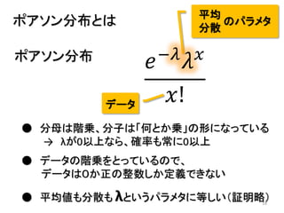 18
ポアソン分布とは
ポアソン分布
平均
分散
のパラメタ
データ
● 分母は階乗、分子は「何とか乗」の形になっている
→ λが0以上なら、確率も常に0以上
● データの階乗をとっているので、
データは０か正の整数しか定義できない
● 平均値も分散も λというパラメタに等しい（証明略）
𝑒−𝜆
𝜆 𝑥
𝑥!
 