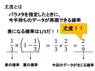 22
尤度とは
1
3
× 1 −
1
3
=
1
3
×
2
3
=
2
9
表の確率 裏の確率 今回のデータが生じる確率
パラメタを指定したときに、
今手持ちのデータが再現できる確率
尤度！！
表になる確率は1/3だ！！
 