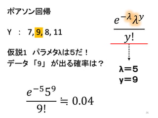 26
ポアソン回帰
Y ： 7, 9, 8, 11
𝑒−𝜆
𝜆 𝑦
𝑦!
仮説1 パラメタλは５だ！
データ 「9」 が出る確率は？
𝑒−5
59
9!
≒ 0.04
λ＝５
y＝９
 
