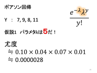 29
ポアソン回帰
𝑒−𝜆
𝜆 𝑦
𝑦!
仮説1 パラメタλは５だ！
Y ： 7, 9, 8, 11
尤度
≒ 0.10 × 0.04 × 0.07 × 0.01
≒ 0.0000028
 