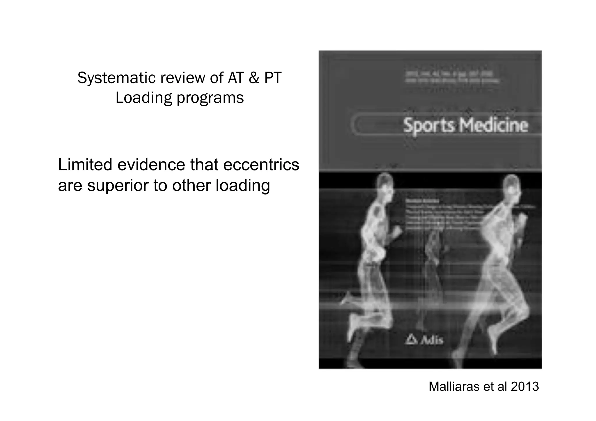 Systematic review of AT & PT
Loading programs

Limited evidence that eccentrics
are superior to other loading

	
  

Malliaras et al 2013

 