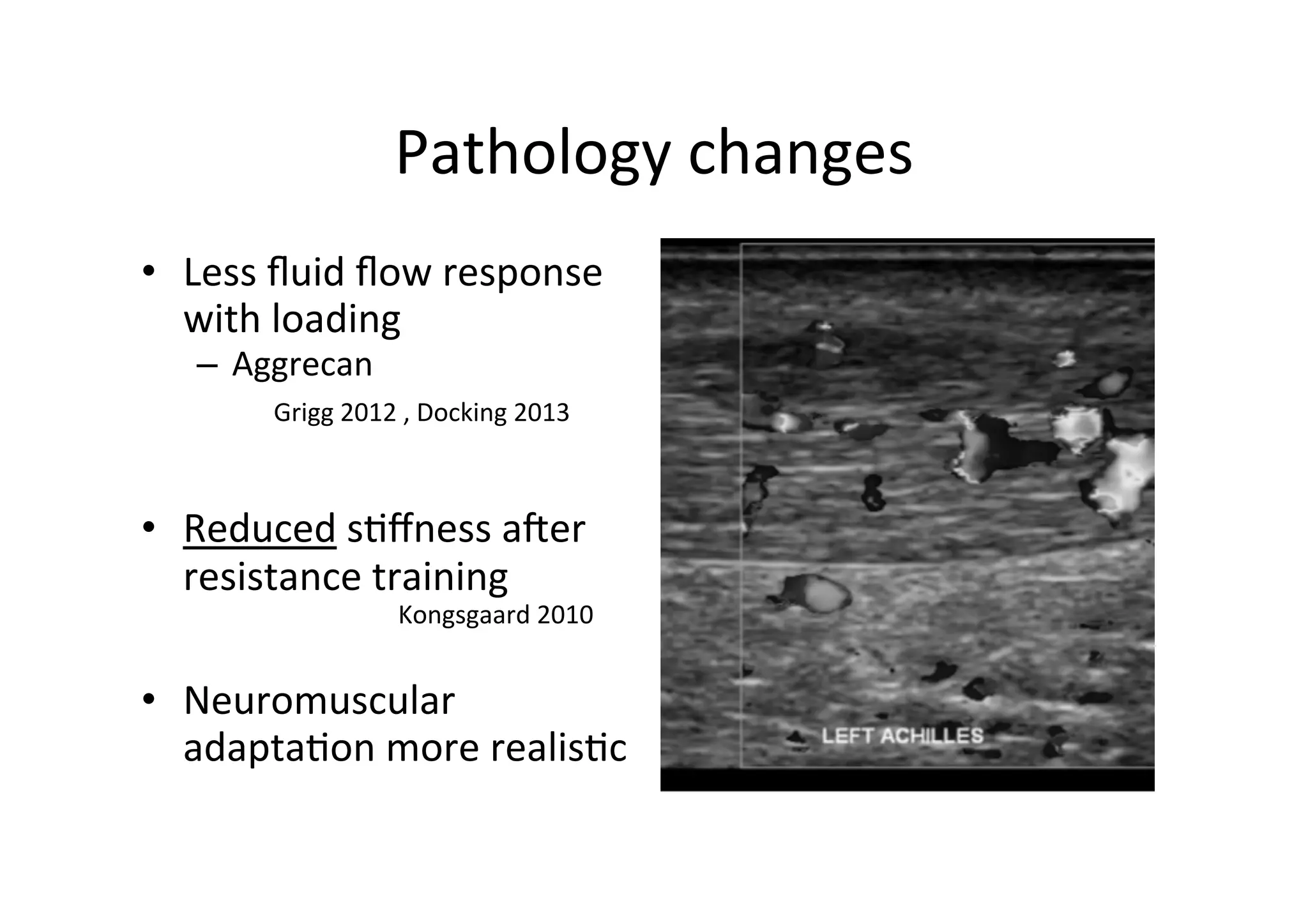 Pathology	
  changes	
  
•  Less	
  ﬂuid	
  ﬂow	
  response	
  
with	
  loading	
  
–  Aggrecan	
  

Grigg	
  2012	
  ,	
  Docking	
  2013	
  

•  Reduced	
  s;ﬀness	
  aier	
  
resistance	
  training	
  

Kongsgaard	
  2010	
  

•  Neuromuscular	
  
adapta;on	
  more	
  realis;c	
  

 
