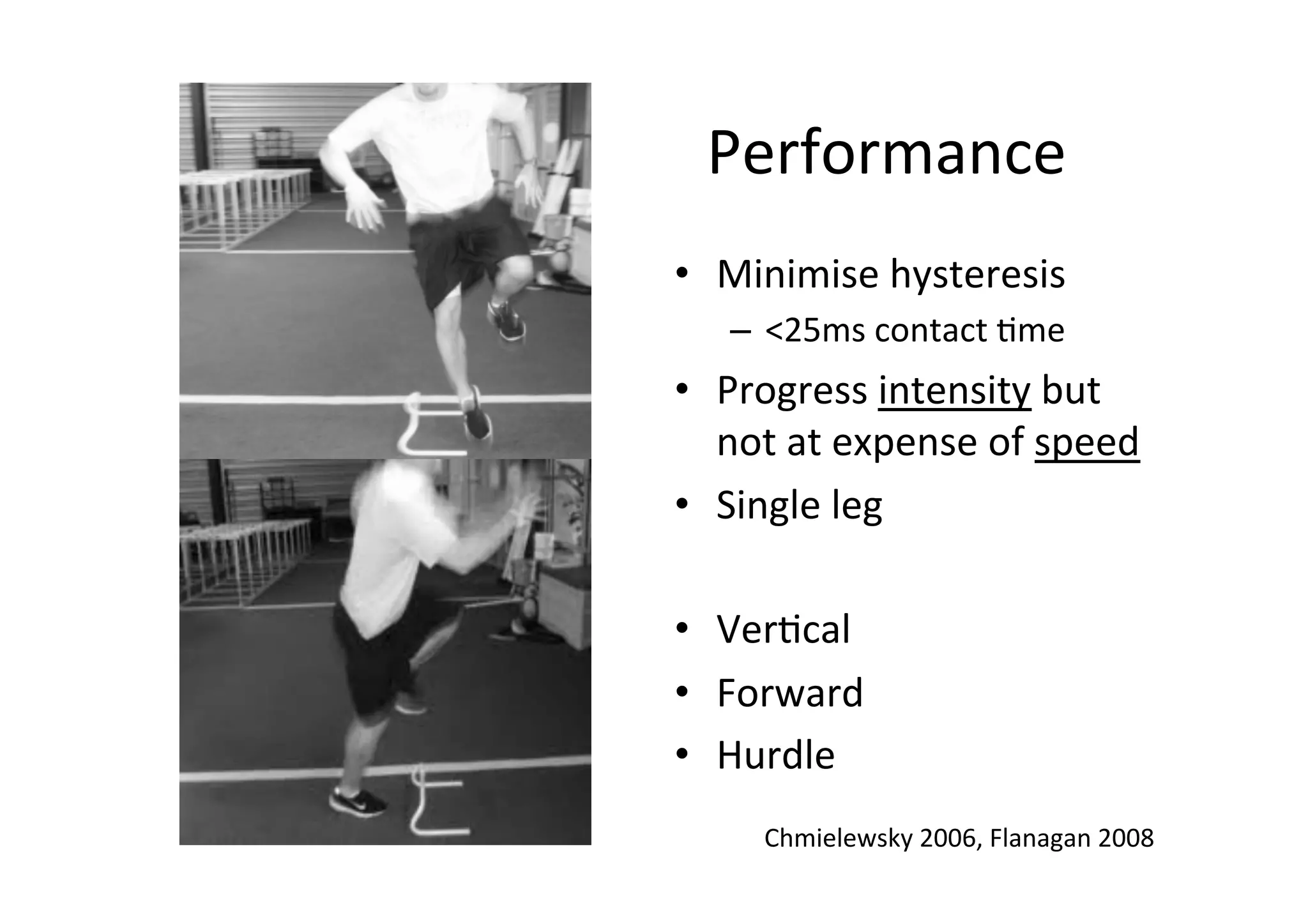Performance	
  
•  Minimise	
  hysteresis	
  
–  <25ms	
  contact	
  ;me	
  

•  Progress	
  intensity	
  but	
  
not	
  at	
  expense	
  of	
  speed	
  
•  Single	
  leg	
  
	
  
•  Ver;cal	
  
•  Forward	
  
•  Hurdle	
  
Chmielewsky	
  2006,	
  Flanagan	
  2008	
  

 