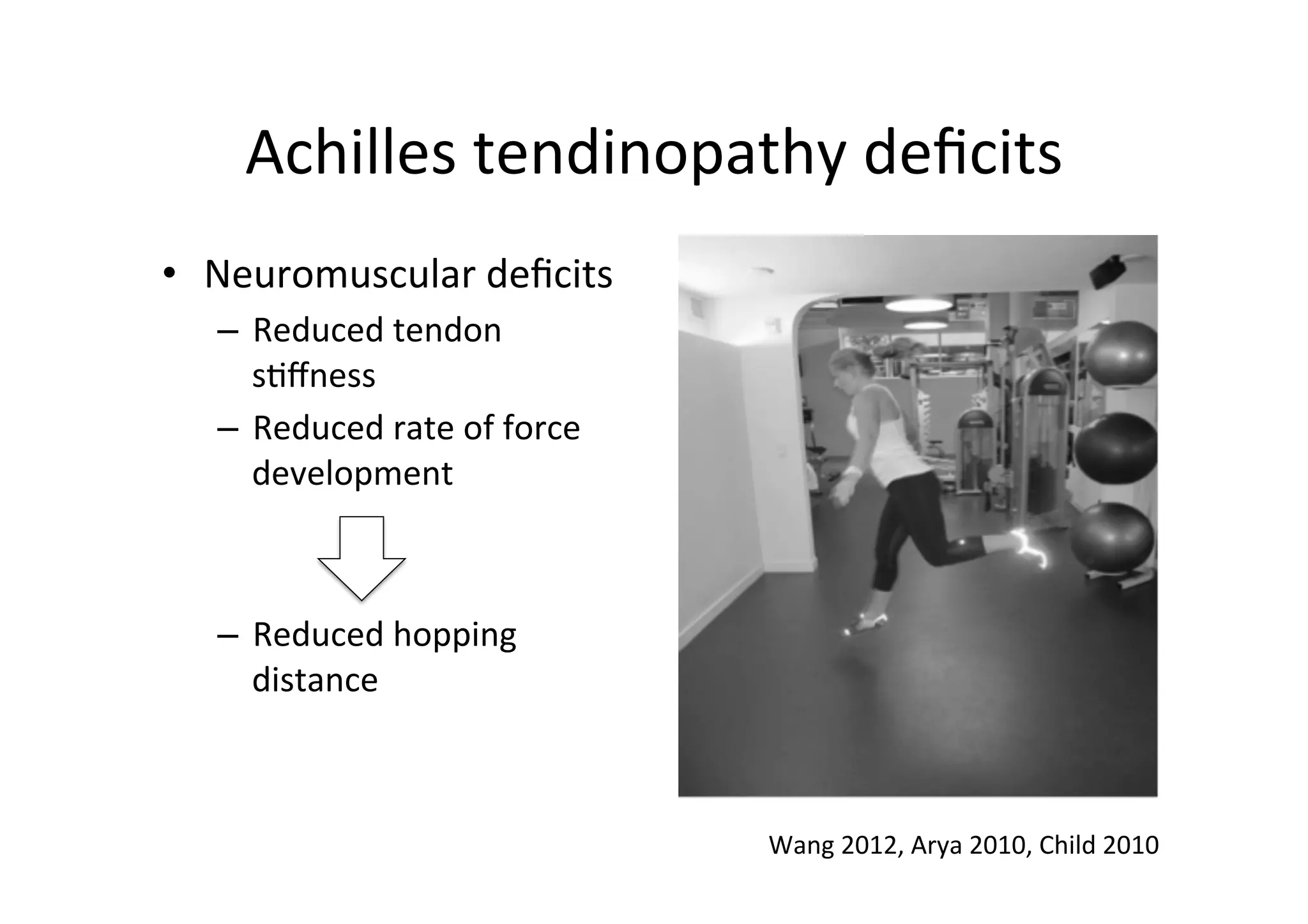Achilles	
  tendinopathy	
  deﬁcits	
  
•  Neuromuscular	
  deﬁcits	
  
–  Reduced	
  tendon	
  
s;ﬀness	
  
–  Reduced	
  rate	
  of	
  force	
  
development	
  
	
  
–  Reduced	
  hopping	
  
distance	
  

	
  
Wang	
  2012,	
  Arya	
  2010,	
  Child	
  2010	
  

 
