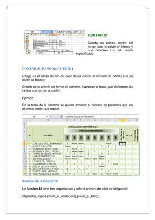 CONTAR.SI
Cuenta las celdas, dentro del
rango, que no están en blanco y
que cumplen con el criterio
especificado.

CONTAR.SI(RANGO;CRITERIO)
Rango es el rango dentro del cual desea contar el número de celdas que no
están en blanco.
Criterio es el criterio en forma de número, expresión o texto, que determina las
celdas que se van a contar.
Ejemplo.
En la tabla de la derecha se quiere conocer el número de prácticas que los
alumnos tienen que repetir.

Sintaxis de la función SI
La función SI tiene tres argumentos y solo el primero de ellos es obligatorio:
SI(prueba_lógica, [valor_si_verdadero], [valor_si_falso])

 