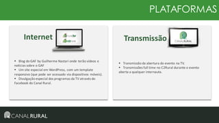 PLATAFORMAS
Internet
 Blog do GAF by Guilherme Nastari onde terão vídeos e
notícias sobre o GAF
 Um site especial em WordPress, com um template
responsivo (que pode ser acessado via dispositivos móveis).
 Divulgação especial dos programas da TV através do
Facebook do Canal Rural.

Transmissão
 Transmissão da abertura do evento na TV.
 Transmissões full time no C2Rural durante o evento
aberta a qualquer internauta.

 