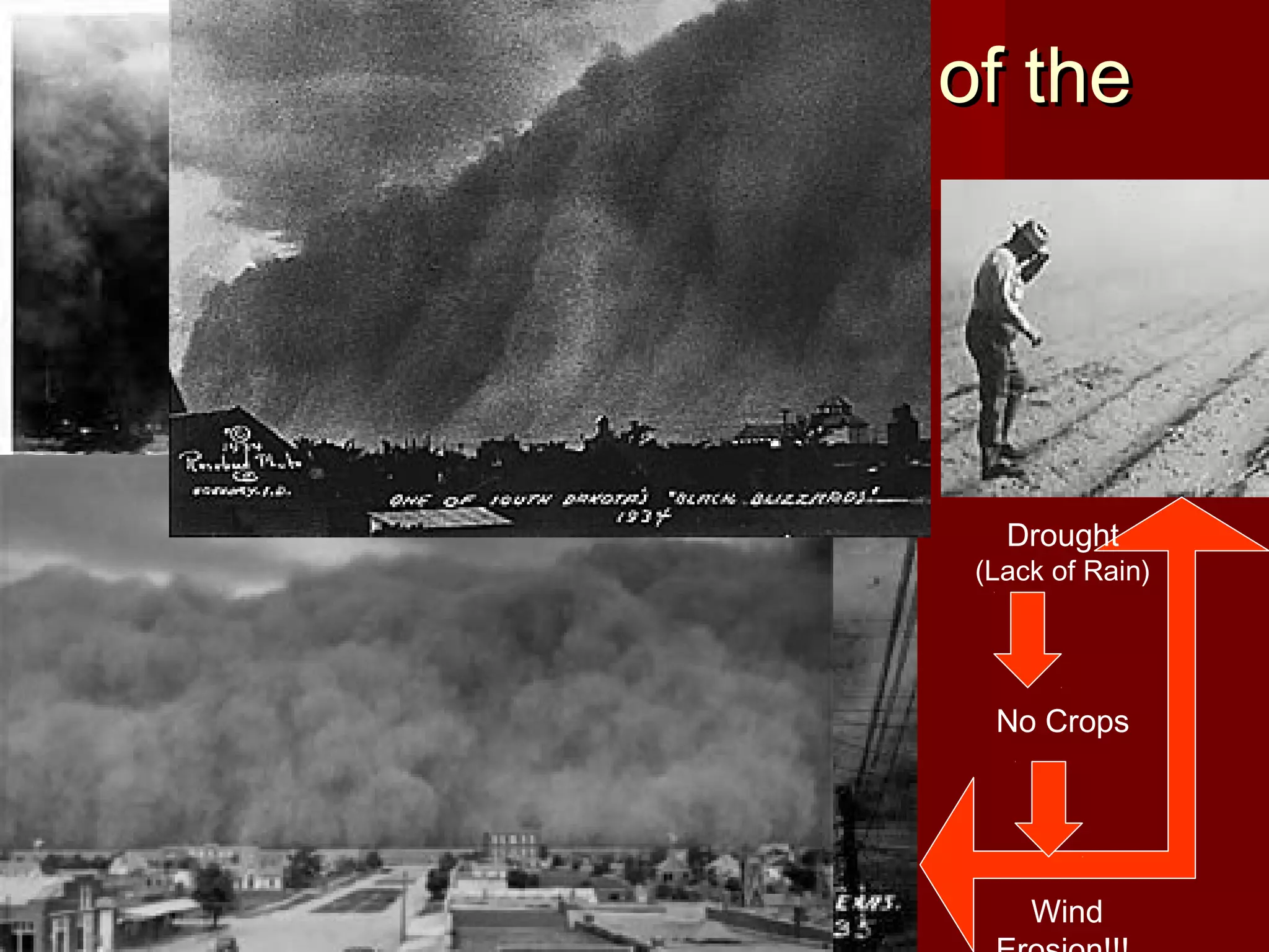 Environmental Causes of the
Dust Bowl

Drought

(Lack of Rain)

No Crops

Wind

 
