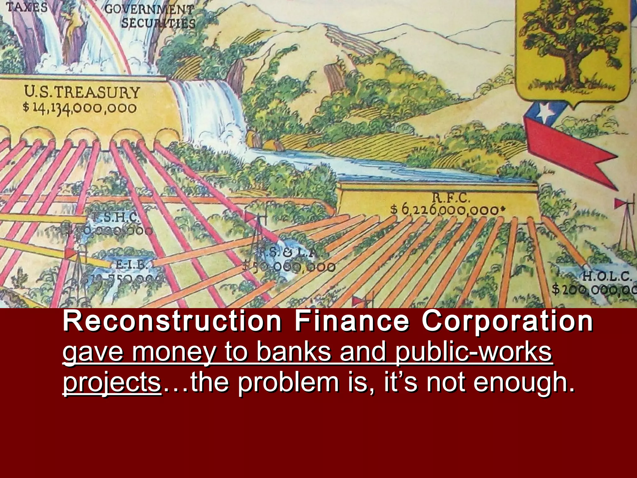 Hoover’s Response
 Hoover will rely on Voluntarism

or

asking big business and local
governments to begin supporting the
people of America at their own will.
 Hoover realizes that this isn’t the only way
to recover, so he sets up the
Reconstruction Finance Corporation
gave money to banks and public-works
projects…the problem is, it’s not enough.

 