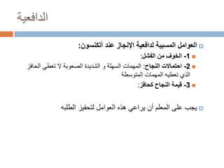 ‫الدافعية‬
‫‪ ‬العوامل المسببة لدافعية اإلنجاز عند أتكنسون:‬
‫‪ -1 ‬الخوف من الفشل:‬
‫‪ -2 ‬احتماالت النجاح: المهمات السهلة و الشديدة الصعوبة ال تعطي الحافز‬
‫الذي تعطيه المهمات المتوسطة‬
‫‪ -3 ‬قيمة النجاح كحافز:‬

‫‪ ‬يجب على المعلم أن يراعي هذه العوامل لتحفيز الطلبه‬

 