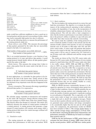 P.K.K. Loh et al. / J. Parallel Distrib. Comput. 67 (2007) 922 – 934

Table 1
Simulator settings
Frequency
Bandwidth
Radio range
Radio model
Propagation model
MAC protocol
Data packet size
Simulation duration

929

environments where the latter is compounded with noise and
node failures.
433 MHz
76 800 bps
56 m
Signal-to-noise (SNR) bounded
Ground reﬂection (two-ray)
IEEE 802.11 (DCF)
24 bytes
60 min

nodes would have sufﬁcient neighbours to elect a good one to
forward packets and also prevent overcrowding of nodes, which
may lead to unusually high packet loss due to collisions.
We use the following metrics to measure the performance of
the routing protocols under test.
Packet delivery ratio (PDR): This measures the percentage
of data packets generated by the nodes that are successfully
routed to the hubs. It is expressed as
Total number of data packets successfully delivered
× 100%.
Total number of data packets sent
This is an essential parameter because a core function of any
routing protocol is to route and deliver data packets. A good
routing protocol should ideally deliver all data packets generated by the nodes to the hub.
Packet latency: This measures the average time it takes to
route a data packet from the source node to the hub. It is expressed as
Individual data packet latency
.
Total number of data packets delivered
In most applications, it is desirable for data packets to be delivered to the hub in the fastest time. Timely arrival of data
packets at the hub is critical in ensuring that the network users
are informed of any important events that have happened in the
network.
Energy consumption: This measures the energy expended per
delivered data packet. It is expressed as
Total energy expended by nodes
.
Total number of data packets delivered
We calculate energy expended in transmission and reception
by the nodes’ RF transceiver. Energy-efﬁcient routing protocols are essential in a WSN where nodes have limited energy.
This directly affects the lifespan of a network. This metric also
indirectly measures the amount of control packet overhead of
a routing protocol. A routing protocol that generates a large
amount of control packets will consume more energy while a
routing protocol that incurs low control message overhead will
consume less energy.
5.1. Simulation results
The routing protocols are subject to a series of tests to
evaluate their performances in both ideal and realistic WSN

5.1.1. Ideal conditions
The ﬁrst test deploys the routing protocols in a noise-free and
fault-free environment. The objective is to evaluate the performances of the routing protocols operating in ideal conditions
to analyse the degradation, if any, due to the incorporation of
reliability enhancement features and mechanisms in the basic
routing protocol. This will also allow a later comparison to
show that the decline in performance in non-ideal conditions is
due to the protocol’s ability or inability to cope with noise and
fault rather than other reasons like network overcrowding.
We want to study the scalability of the routing protocols in
terms of both the number of nodes in the network and also the
amount of trafﬁc volume in the network. As such, we simulated
network sizes of 50 nodes to 400 nodes with 10% and 50%
active source nodes. A source node will generate data packets
that are to be routed to the hub. The total packet generated per
source node is 120 at a rate of 1 packet every 30 s. Each test is
run 20 times each with a different seed and the average result
is obtained.
The results are shown in Fig. 8 for 50% source nodes only
because for 10% source nodes, the performance of every routing
protocol is much better than with 50% source nodes since there
is less trafﬁc volume. AODV, DSR and GBR have PDR of
close to 100% on average. EAR has achieved 100% PDR at
all network sizes from 50 to 400. This is expected as we have
proved earlier on in Section 4.2.3 that EAR will deliver all
packets under a noise-free and fault-free environment. This has
shown that most of the routing protocols can operate effectively
in ideal conditions with the reliability enhancement designs
contributing negligible or no overheads. We shall see later that
the performance of some of these routing protocols will drop
drastically because they are not suitably reliable in a noisy
environment coupled with node failures.
PDR for GRAB decreases exponentially because it is designed for operation in a noisy environment where packet loss
is high. In ideal conditions, however, GRAB maintains the use
of broadcasting message packets over redundant paths. As a
result, the number of packets generated is signiﬁcant resulting
in over-utilisation of bandwidth. This is especially so for 50%
active source nodes in larger size sensor networks with only
a single hub each to absorb the redundant messages. Packet
losses are due to packet collisions and the large amount of packets generated causes packet latency and energy consumption
to be considerably higher than the rest and are off the graph
scales. For comparisons, the performance results for GRAB
have been included in Table 2. The average packet latency is
1061 s and the average energy consumption is 2135 mJ. Similar observations concerning the behavioural characteristics and
performance anomalies of GRAB may be found in an independent research work [3].
EAR has the best performance in PDR, packet latency and
consumes the least amount of energy. GBR comes close taking the second position. AODV and DSR have similar packet

 