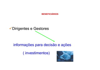BENEFICIÁRIOS
Dirigentes e Gestores
informações para decisão e ações
( investimentos)
 