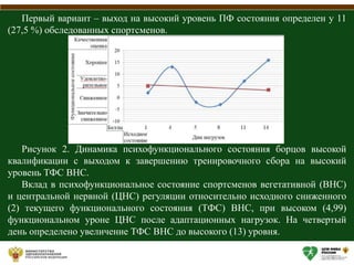 Первый вариант – выход на высокий уровень ПФ состояния определен у 11
(27,5 %) обследованных спортсменов.
Рисунок 2. Динамика психофункционального состояния борцов высокой
квалификации с выходом к завершению тренировочного сбора на высокий
уровень ТФС ВНС.
Вклад в психофункциональное состояние спортсменов вегетативной (ВНС)
и центральной нервной (ЦНС) регуляции относительно исходного сниженного
(2) текущего функционального состояния (ТФС) ВНС, при высоком (4,99)
функциональном уроне ЦНС после адаптационных нагрузок. На четвертый
день определено увеличение ТФС ВНС до высокого (13) уровня.
 
