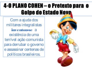 Com a ajuda dos 
militares integralistas 
inventou-se a 
existência de uma 
terrível ação comunista 
para derrubar o governo 
e assassinar centenas de 
políticos brasileiros. 
 