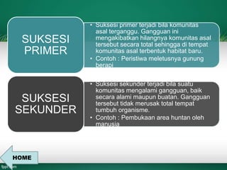 • Suksesi primer terjadi bila komunitas 
asal terganggu. Gangguan ini 
mengakibatkan hilangnya komunitas asal 
tersebut secara total sehingga di tempat 
komunitas asal terbentuk habitat baru. 
• Contoh : Peristiwa meletusnya gunung 
berapi 
SUKSESI 
PRIMER 
• Suksesi sekunder terjadi bila suatu 
komunitas mengalami gangguan, baik 
secara alami maupun buatan. Gangguan 
tersebut tidak merusak total tempat 
tumbuh organisme. 
• Contoh : Pembukaan area huntan oleh 
manusia 
SUKSESI 
SEKUNDER 
HOME 
 