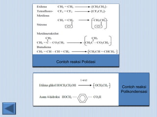 Contoh reaksi Polidasi 
Contoh reaksi 
Polikondensasi 
 
