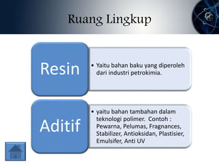 Ruang Lingkup 
Resin dari industri petrokimia. 
• Yaitu bahan baku yang diperoleh 
• yaitu bahan tambahan dalam 
teknologi polimer. Contoh : 
Pewarna, Pelumas, Fragnances, 
Stabilizer, Antioksidan, Plastisier, 
Emulsifer, Anti UV 
Aditif 
 