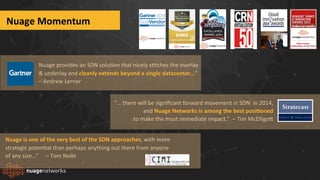 Nuage	
  Momentum	
  
	
  
Nuage	
  provides	
  an	
  SDN	
  solubon	
  that	
  nicely	
  sbtches	
  the	
  overlay	
  
&	
  underlay	
  and	
  cleanly	
  extends	
  beyond	
  a	
  single	
  datacenter…”	
  	
  	
  	
  	
  	
  	
  	
  
–	
  Andrew	
  Lerner	
  
	
  
Nuage	
  is	
  one	
  of	
  the	
  very	
  best	
  of	
  the	
  SDN	
  approaches,	
  with	
  more	
  	
  	
  	
  	
  	
  
strategic	
  potenbal	
  than	
  perhaps	
  anything	
  out	
  there	
  from	
  anyone	
  	
  	
  	
  	
  	
  	
  	
  	
  	
  	
  	
  	
  	
  	
  	
  	
  
of	
  any	
  size…”	
  	
  	
  	
  	
  –	
  Tom	
  Nolle	
  	
  
“…	
  there	
  will	
  be	
  signiﬁcant	
  forward	
  movement	
  in	
  SDN	
  	
  in	
  2014,	
  
and	
  Nuage	
  Networks	
  is	
  among	
  the	
  best	
  posiConed	
  	
  	
  	
  	
  	
  	
  	
  	
  	
  	
  	
  	
  	
  	
  	
  	
  	
  	
  	
  	
  	
  	
  	
  	
  
to	
  make	
  the	
  most	
  immediate	
  impact.”	
  	
  –	
  Tim	
  McElligoZ	
  
 
