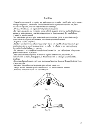 37
Beneficios
. Todos los músculos de la espalda son poderosamente estirados y tonificados, mejorándose
el riego sanguíneo a los mismos. También se estimulan vigorosamente todos los pares
de nervios espinales, que son sobre abastecidos de sangre.
. Dota de flexibilidad a la espina dorsal y la mantiene joven.
. La vigorosa presión que el mentón ejerce sobre la garganta favorece la glándula tiroides,
regula su funcionamiento y perfecciona asimismo el funcionamiento del metabolismo
y regula la tensión arterial.
. La contracción que se origina sobre la cavidad abdominal ejerce un saludable masaje
sobre todos los órganos abdominales, reactivando su funcionamiento.
. Regula el sistema simpático.
. Produce una beneficiosa afluencia de sangre fresca a la espalda y la espina dorsal, que
origina también un aporte extra de sangre al cuello y la cabeza, lo que representa una
inyección de vitalidad para el cerebro.
. En las mujeres, regula el funcionamiento de los ovarios, y, en los hombres, influye muy
positivamente sobre la próstata.
. Previene contra la congestión de diversos órganos abdominales, la diabetes, la
constipación, la artritis, la dispepsia, la descalcificación, la aerofagia y determinadas
mialgias.
. Combate el estreñimiento y diversas lesiones de la espina dorsal, el desequilibrio nervioso
y la melancolía.
. Descansa profundamente las piernas, previniendo las varices.
. Mitiga dolores lumbares y dota de elasticidad a la articulación del hombro.
. Favorece la interiorización y la concentración.
Fig. 11
Fig. 12
 