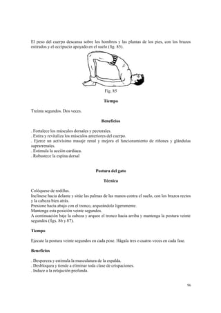 96
El peso del cuerpo descansa sobre los hombros y las plantas de los pies, con los brazos
estirados y el occipucio apoyado en el suelo (fig. 85).
Fig. 85
Tiempo
Treinta segundos. Dos veces.
Beneficios
. Fortalece los músculos dorsales y pectorales.
. Estira y revitaliza los músculos anteriores del cuerpo.
. Ejerce un activísimo masaje renal y mejora el funcionamiento de riñones y glándulas
suprarrenales.
. Estimula la acción cardiaca.
. Robustece la espina dorsal
Postura del gato
Técnica
Colóquese de rodillas.
Inclínese hacia delante y sitúe las palmas de las manos contra el suelo, con los brazos rectos
y la cabeza bien atrás.
Presione hacia abajo con el tronco, arqueándolo ligeramente.
Mantenga esta posición veinte segundos.
A continuación baje la cabeza y arquee el tronco hacia arriba y mantenga la postura veinte
segundos (figs. 86 y 87).
Tiempo
Ejecute la postura veinte segundos en cada pose. Hágala tres o cuatro veces en cada fase.
Beneficios
. Despereza y estimula la musculatura de la espalda.
. Desbloquea y tiende a eliminar toda clase de crispaciones.
. Induce a la relajación profunda.
 