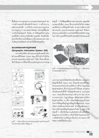 CIVIL ENGINEERING MAGAZINE 57
พื้นที่และการวางแผนต่างๆ ตามแต่ละวัตถุประสงค์ เช่น
การสร้างแหล่งน้ำเพื่อผลิตน้ำประปา การตั้งโรงงาน

ผลิตกระแสไฟฟ้า การให้บริการระบบสาธารณูปโภค
สาธารณูปการ การหาแหล่งกำจัดขยะ บริเวณที่เสี่ยงต่อ
การเกิดภัยธรรมชาติ เป็นต้น [3] ซึ่งข้อมูลที่ปรากฏใน
แผนที่หนึ่งๆ นอกจากจะต้องมีความถูกต้อง ทันสมัยแล้ว
ยังจะต้องมีความละเอียดมากเพียงพอและเหมาะสม

กับวัตถุประสงค์ของการนำเอาไปใช้ประโยชน์ด้วย

ระบบสารสนเทศทางภูมิศาสตร์
(Geographic Information System: GIS)
	 จากเทคโนโลยีทางด้านระบบคอมพิวเตอร์สำหรับ
สร้างแผนที่ดิจิตอล (Digital Map) ที่ล้ำหน้าทำให้เกิด
ระบบสารสนเทศทางภูมิศาสตร์ (GIS) ขึ้นมาเพื่อลด

ข้อจำกัดของการใช้แผนที่แบบเดิมในรูปแบบกระดาษ
ดังรูปที่ 1 ทำให้ข้อมูลที่มีหลากหลายประเภท แต่ละชนิด
แบ่งออกเป็นชั้นๆ (Layer) ที่สามารถเปิด-ปิดในการแสดง
ผลหรือวิเคราะห์ข้อมูลที่จำเป็น ตามความต้องการได้
อย่างรวดเร็ว ระบบสารสนเทศทางภูมิศาสตร์ จึงถือว่า
เป็นระบบเครื่องมือทางเทคโนโลยีที่มีประสิทธิภาพสูง

ในการสร้างแผนที่ดิจิตอลที่ช่วยลดข้อจำกัดของแผนที่
รูปที่ 1 เปรียบเทียบระบบสารสนเทศภูมิศาสตร์กับแผนที่

บนกระดาษในการจัดการข้อมูล [4]
รูปที่ 2 นำเสนอข้อมูลในรูปแบบจำลอง 2 และ 3 มิติบนระบบ
สารสนเทศภูมิศาสตร์ [4]
GIS
(การสอบถามเชิงพื้นที่)
(การวิเคราะห์เชิงพื้นที่)
(คอมพิวเตอร์กราฟฟิก)
(ดำเนินงานด้วยมือ)
ไม้บรรทัด,วงเวียน,เครื่องคิดเลขฯลฯ
(กล้องขยาย)
แผนที่ในรูปกระดาษ
ชื่อ.....
การใช้....
โครงสร้าง....
กฎเกณท์...
การใช้ที่ดิน...
ชื่อ.....
การใช้....
โครงสร้าง....
แบบกระดาษลงไปได้แล้วยังจะช่วยเชื่อมโยง ผสมผสาน
ข้อมูลเชิงพื้นที่ (Spatial data) ที่แสดงตำแหน่งที่ตั้งและ
ลักษณะของวัตถุในบริเวณที่ต้องการศึกษาในรูปแบบ
สัญลักษณ์ต่างๆ ที่ปรากฏในแผนที่ ที่เป็นจุด (ตำแหน่ง)
เป็นเส้นและเป็นพื้นที่ กับข้อมูลเชิงบรรยาย (non-Spatial
data) รายละเอียดของวัตถุทางด้าน ความจุ ขนาด
ความสามารถฯ ในฐานข้อมูล เพื่อขยายความให้แก่
สัญลักษณ์นั้นๆ มากขึ้น พร้อมทั้งดัดแปลงแก้ไขและ
วิเคราะห์ข้อมูลที่อยู่ในฐานข้อมูลในเชิงตรรกยะ (Logic)
หรือทางสถิติและคณิตศาสตร์ สำหรับแสดงผลการ
วิเคราะห์นำเสนอข้อมูลในรูปแบบจำลอง 2 และ 3 มิติ
ดังรูปที่ 2 เพื่อให้เห็นความสัมพันธ์ทางด้านพื้นที่ของ
ข้อมูลในการนำไปใช้งาน ซึ่งทำให้เข้าใจและประกอบ
การตัดสินใจในการแก้ปัญหาเกี่ยวกับการวางแผนการใช้
ทรัพยากรเชิงพื้นที่บริเวณนั้น 

 