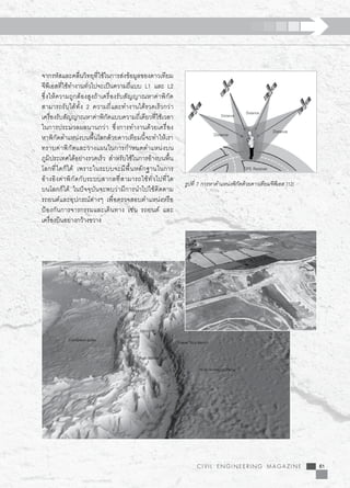CIVIL ENGINEERING MAGAZINE 61
จากรหัสและคลื่นวิทยุที่ใช้ในการส่งข้อมูลของดาวเทียม
จีพีเอสที่ใช้ทำงานทั่วไปจะเป็นความถี่แบบ L1 และ L2
ซึ่งให้ความถูกต้องสูงถ้าเครื่องรับสัญญาณหาค่าพิกัด
สามารถรับได้ทั้ง 2 ความถี่และทำงานได้รวดเร็วกว่า
เครื่องรับสัญญาณหาค่าพิกัดแบบความถี่เดียวที่ใช้เวลา
ในการประมวลผลนานกว่า ซึ่งการทำงานด้วยเครื่อง

หาพิกัดตำแหน่งบนพื้นโลกด้วยดาวเทียมนี้จะทำให้เรา
ทราบค่าพิกัดและวางแผนในการกำหนดตำแหน่งบน

ภูมิประเทศได้อย่างรวดเร็ว สำหรับใช้ในการอ้างบนพื้น
โลกที่ใดก็ได้ เพราะในระบบจะมีพื้นหลักฐานในการ
อ้างอิงค่าพิกัดกับระบบสากลที่สามารถใช้ทั่วไปที่ใด

บนโลกก็ได้ ในปัจจุบันจะพบว่ามีการนำไปใช้ติดตาม
รถยนต์และอุปกรณ์ต่างๆ เพื่อตรวจสอบตำแหน่งหรือ
ป้องกันการจารกรรมและเดินทาง เช่น รถยนต์ และ
เครื่องบินอย่างกว้างขวาง

รูปที่ 7 การหาตำแหน่งพิกัดด้วยดาวเทียมจีพีเอส [12]
Distance
 Distance
Distance
Distance
GPS Receiver
 