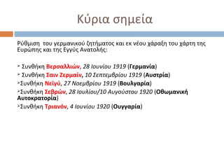 Κύρια σημεία
Ρύθμιση του γερμανικού ζητήματος και εκ νέου χάραξη του χάρτη της
Ευρώπης και της Εγγύς Ανατολής:
 Συνθήκη Βερσαλλιών, 28 Ιουνίου 1919 (Γερμανία)
 Συνθήκη Σαιν Ζερμαίν, 10 Σεπτεμβρίου 1919 (Αυστρία)
Συνθήκη Νεϊγύ, 27 Νοεμβρίου 1919 (Βουλγαρία)
Συνθήκη Σεβρών, 28 Ιουλίου/10 Αυγούστου 1920 (Οθωμανική
Αυτοκρατορία)
Συνθήκη Τριανόν, 4 Ιουνίου 1920 (Ουγγαρία)
 